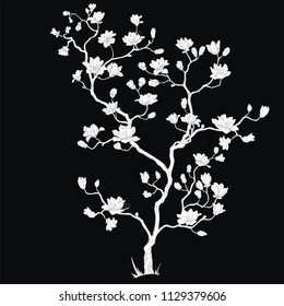 Blooming tree. Chinese cherry silhouette with outline