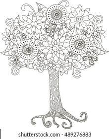 Blooming tree for coloring book, anti-stress vector illustration