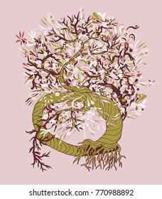 Blooming tree with curved branches, decorative element
