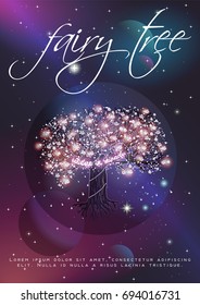 Blooming tree, decorated with glowing lights and flowers. Beautiful cosmic background.