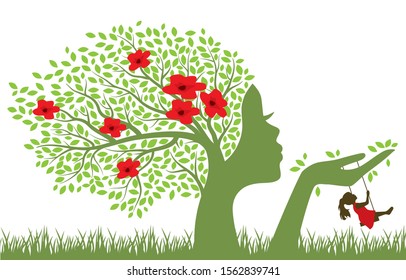 Blooming tree with female face holding swing for little girl, vector