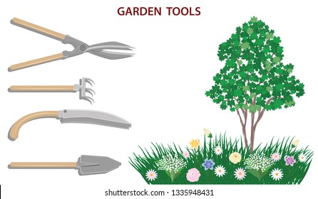 Blooming tree, flowerbed with flowers - gardening tools - vector. Garden care