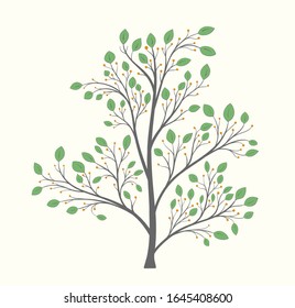 Blooming tree with green leaves and berries on a light background