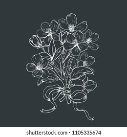 Blooming tree. Hand drawn botanical blossom branches bouquet on black background. Vector illustration. Can use for greeting cards, wedding invitations, patterns.