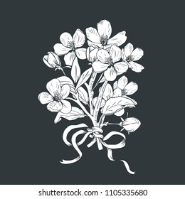 Blooming tree. Hand drawn botanical blossom branches bouquet on black background. Vector illustration. Can use for greeting cards, wedding invitations, patterns.