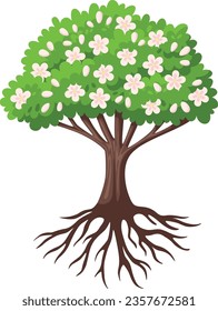 Blooming tree icon. Cartoon green plant with white flowers