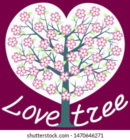 Blooming tree of love in the form of a heart. Cherry sakura flowers, vector illustration