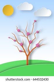 Blooming tree on a landscape and meadow background in paper art style. Cherry blossoms. Flowering sakura. Greeting card design. Vector illustration