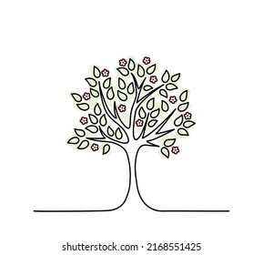 blooming tree, pink flowers, black line vector illustration, nature concept, gardening, wall decoration, simple element, continious image