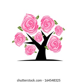Blooming tree with pink roses for your design