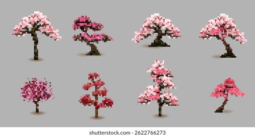 Blooming tree pixel art, sakura tree with flowers vector set. 8 bit style illustration pixel sakura blossom. Spring decorative element of retro video game computer graphic