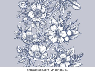 Blooming tree rose, rose flowers on branches. with sparrow, finches, butterflies, dragonflies. Seamless pattern, background. Vector illustration. Chinoiserie, traditional oriental botanical motif.