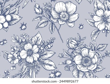 Flor de rosa de árbol, flores de rosa en las ramas. con gorrión, pinzones, mariposas, libélulas. Patrón sin fisuras, fondo. Ilustración vectorial. Chinoiserie, motivo botánico oriental tradicional.