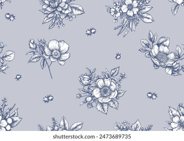 Blooming tree rose, rose flowers on branches. with sparrow, finches, butterflies, dragonflies. Seamless pattern, background. Vector illustration. Chinoiserie, traditional oriental botanical motif.