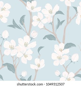 Blooming tree. Seamless pattern with flowers. Spring floral texture. Hand drawn botanical vector illustration. White Cherry blossom branches