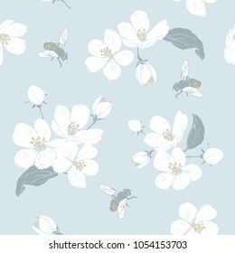 Blooming tree. Seamless pattern with flowers. Spring floral texture. Hand drawn botanical vector illustration. White Cherry blossom and bees