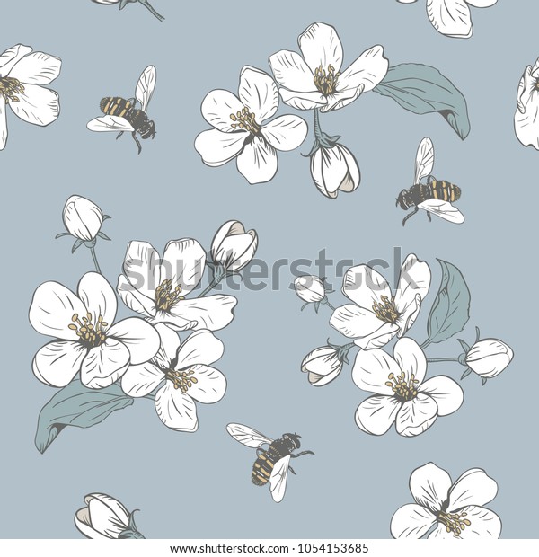 咲く木 シームレスな模様と花 春の花のテクスチャー 手描きの植物学のベクターイラスト 白い桜と蜂 のベクター画像素材 ロイヤリティフリー