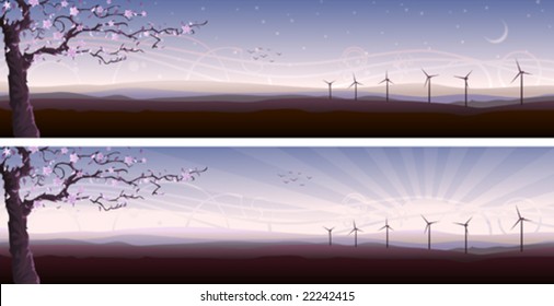 Blooming tree and several wind turbines
