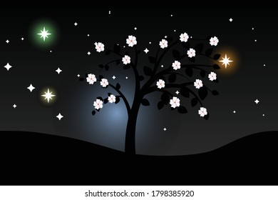 blooming tree and starry sky