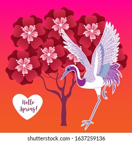 Blooming tree and stork. Design template of spring background. stories wallpapers - autumn, winter, spring and summer landscapes with copy space for text