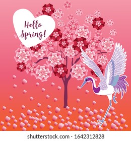 Blooming tree and stork. Design template of spring background. Stories wallpapers - autumn, winter, spring and summer landscapes with copy space for text