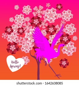 Blooming tree and stork. Design template of spring background. Stories wallpapers - autumn, winter, spring and summer landscapes with copy space for text