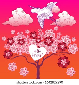 Blooming tree and stork. Design template of spring background. Stories wallpapers - autumn, winter, spring and summer landscapes with copy space for text