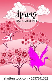 Blooming tree and stork. Vector illustration in a flat simple style - seasonal banners for social media.
