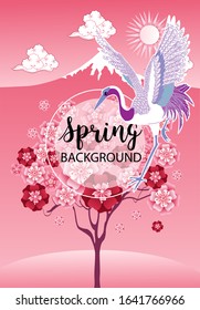 Blooming tree and stork. Vector illustration in a flat simple style - seasonal banners for social media.