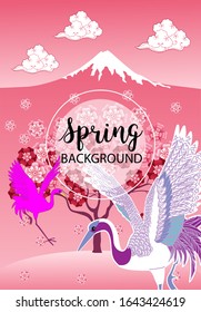 Blooming tree and stork. Vector illustration in a flat simple style - seasonal banners for social media.