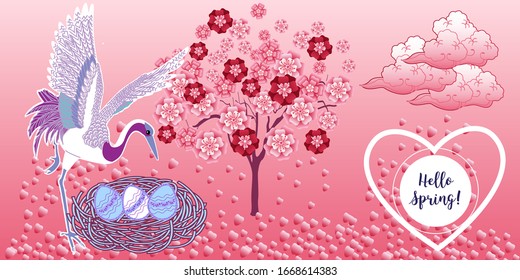Blooming tree and stork. Vector illustration in a flat simple style - seasonal banners for social media.