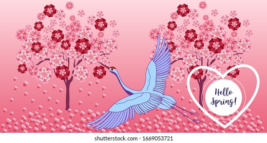 Blooming tree and stork. Vector illustration in a flat simple style - seasonal banners for social media.