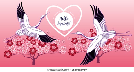 Blooming tree and stork. Vector illustration in a flat simple style - seasonal banners for social media.