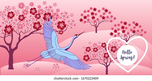 Árbol floreciente y cigüeña. Dibujo vectorial en un estilo simple y llano - carteles estacionales para los medios sociales.