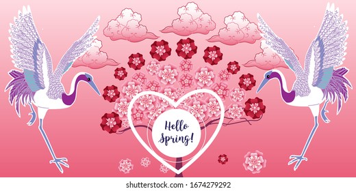 Blooming tree and stork. Vector illustration in a flat simple style - seasonal banners for social media.