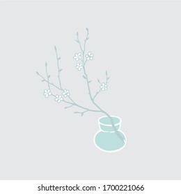 Blooming tree twig in vase. Minimal postcard design. Cherry blossom. Ikebana isolated vector illustration.