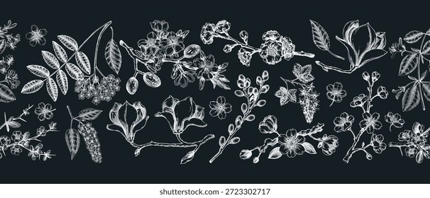 Blooming trees border design. Flowering branches hand drawn vector illustration on chalkboard. Vintage spring background. NOT AI generated