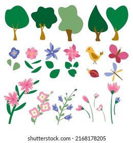 Blooming trees. Flowering trees, tree branches, flowers, buds, bird, ladybug, dragonfly, butterfly.
