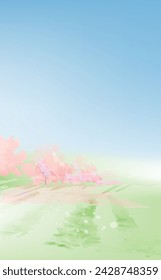 Blooming trees and green meadow vertical spring banner. Watercolor nature with place for text.  Vector design. 