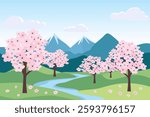 Blooming trees spring landscape. Beautiful flowering trees against the backdrop of mountains and a river.  Spring nature with green grass, flowers, cherry blossom trees, river and mountains. 