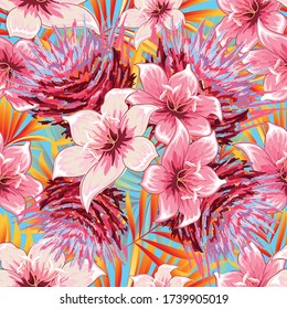 Blooming tropical flowers on a background of palm leaves. Tropical seamless background pattern. Graphic design with amazing palm trees and flowers suitable for fabrics, packaging, covers.