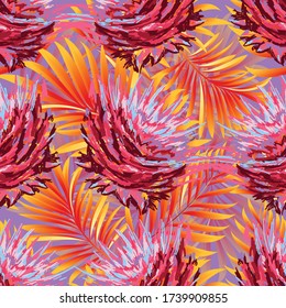Blooming tropical flowers on a background of palm leaves. Tropical seamless background pattern. Graphic design with amazing palm trees and flowers suitable for fabrics, packaging, covers.