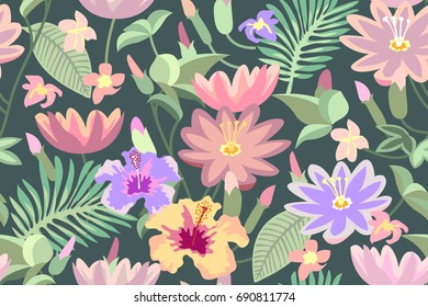 Blooming tropical flowers. Seamless vector pattern with botanical motifs. Lotuses, magnolia, palm leaves. Summer textile collection. On dark green background.