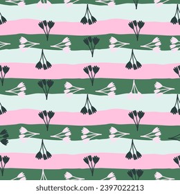 Blooming tulips and botanical elements in vibrant colors. Elegant floral seamless pattern, perfect for spring and summer textiles