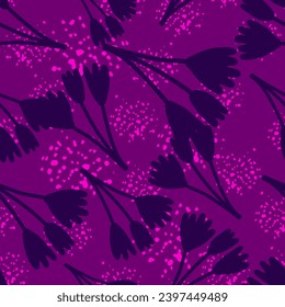 Blooming tulips and botanical elements in vibrant colors. Elegant floral seamless pattern, perfect for spring and summer textiles