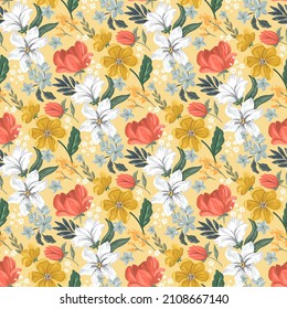 Blooming Tulips, Lilies flowers. Seamless pattern with vector Hand drawn digital illustrations with floral theme