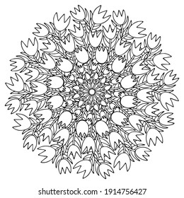 Blooming tulips mandala stock vector illustration. Spring season floral mandala coloring page for children and adults. Elegant tulip printable colouring book page for printing and fun. One of a series