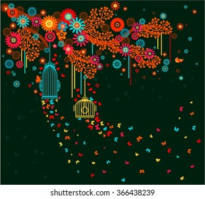 blooming twig with butterflies