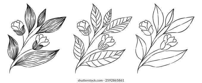 Blooming twig in minimalist line art style. Branch with delicate flowers and leaves with varying levels of detail. Vector illustration