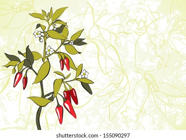 Blooming Vector Hot Decorative Red Pepper with Fruits